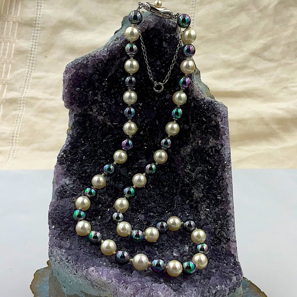 16” Cultured White Pearls & Peacock Colored Cultured Pearls With 925 Clasp